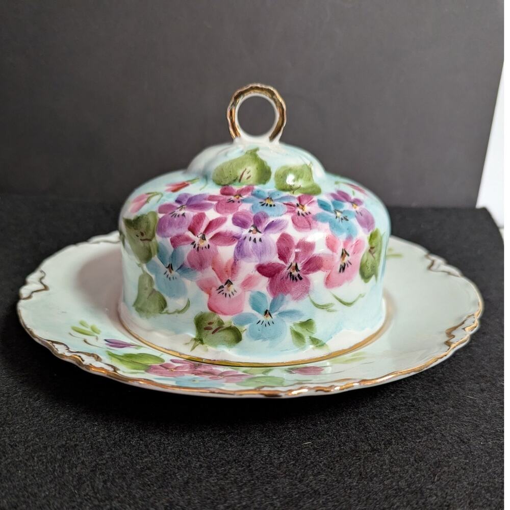 vintage Hutschenreuther Selb Bavaria covered butter dish handpaint floral round